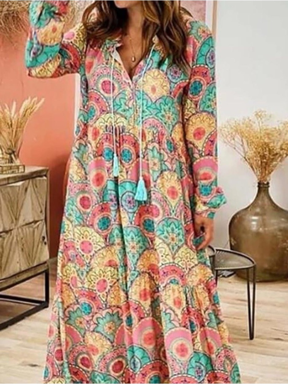Bohemian Floral Maxi Dress in Coral & Teal - Women's Long Sleeve Maxi